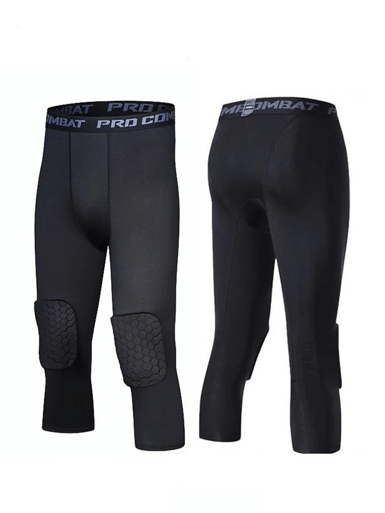 Sports Elastic Short Men's Leggings with Knee Pads SF0364, made from quality Nylon and Polyester, shown in front and back view.